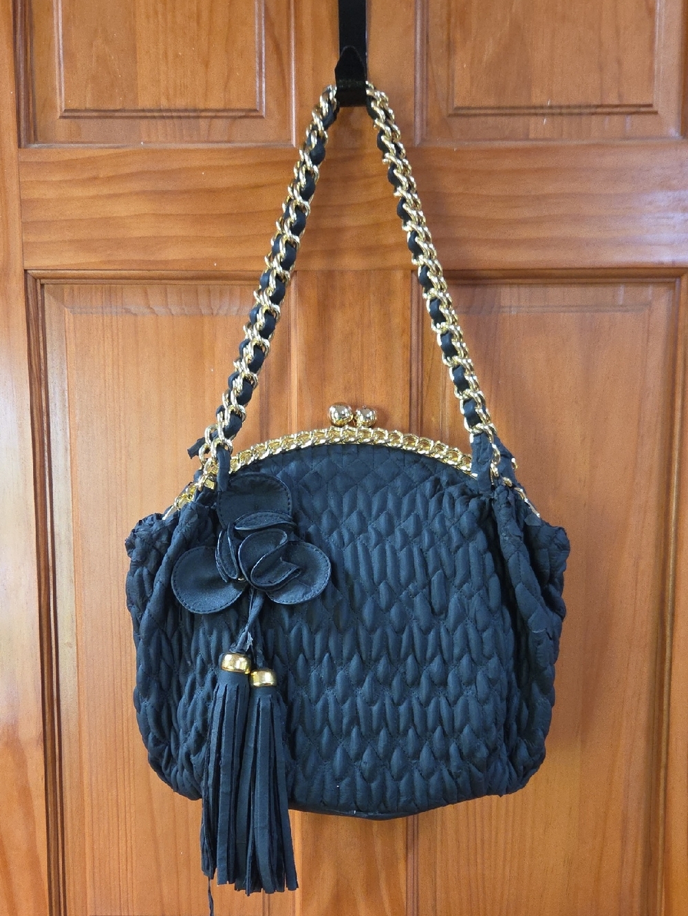 Black Quilted Chain-Handle Shoulder Bag with Tassel